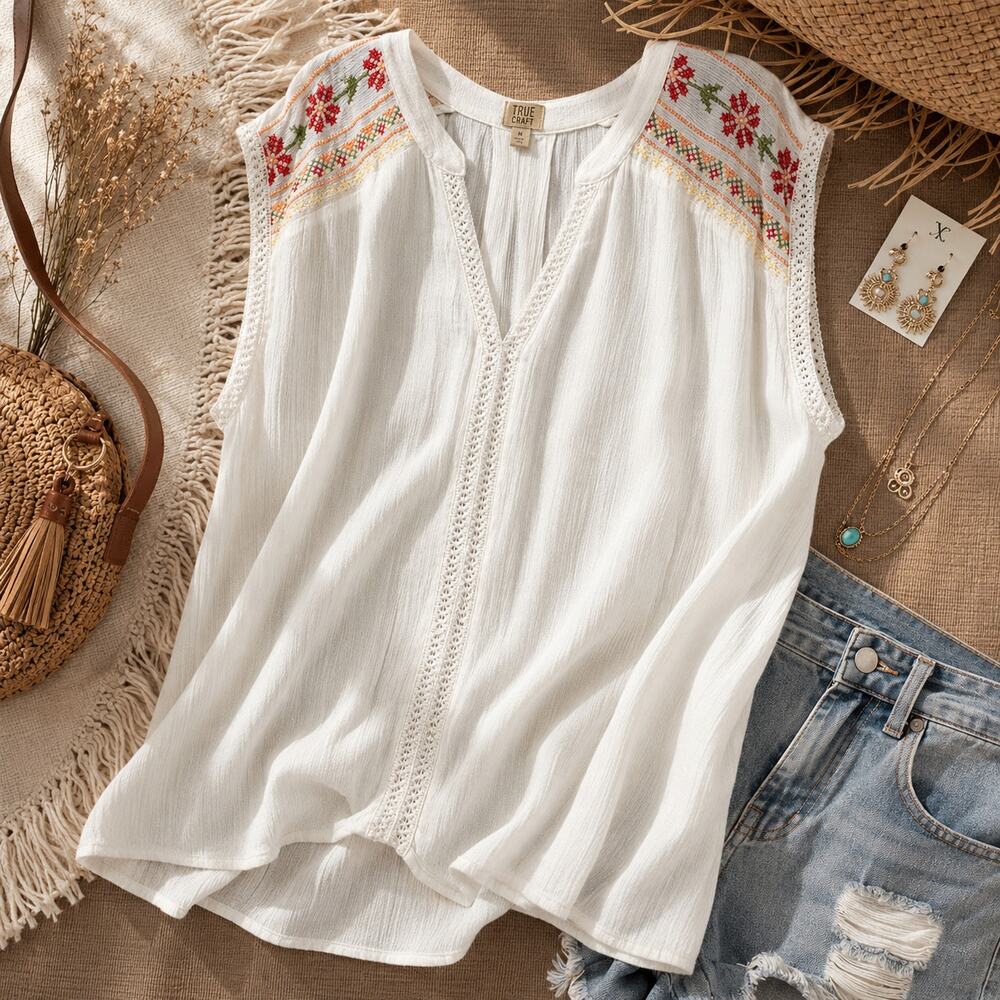 True Craft Embroidered Boho Peasant Top M Ivory Crochet Trim Festival Blouse